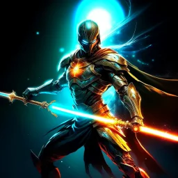 A legendary and wonderful long sword with in hand,A superhero man with infinite power and technology from the galactic race