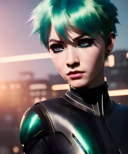 Cyborg anime warrior, light green hair, pixie hairstyle, cobalt eyes, waist up portrait, 8k resolution, intricate details, ornate details, soft lighting, vibrant colors, retroanime, masterpiece, intricate eyeliner, dark eyeshadow, eyes, intricate tattoos, futuristic cityscape background