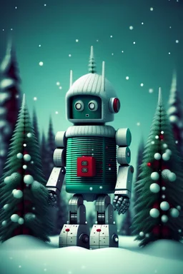 christmas robot in sweater with christmas atmosphere pine trees