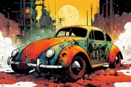 create an abstract, stripped down, post apocalyptic Volkwagen beetle hot rod with highly detailed features, lost in a horrific industrial wasteland, in the comic book art style of Bill Sienkiewicz, Mike Mignola, and Jean Giraud Moebius , searing lines , forceful strokes, precisely drawn, inked, and colored