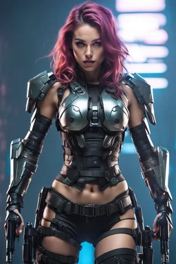 Full body image of a army cyberpunk cyborg beautiful super model girl,good body,lighting background