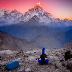 mystical indian blue man in adoration in himalaya at sunset