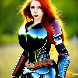 realistic, hyper detailed, strikingly beautiful teen woman, long ginger hair, green eyes, medium freckles, full lips, revealing leather armour, full body and head, exposed b-cup breasts, stern expression, full frame, petite, ignore NSFW, shortbow, quiver on hip, sexy