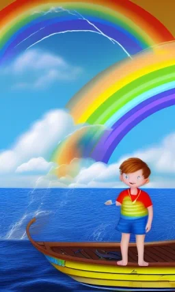 A little boy in a calm ocean on a boat with a rainbow in the sky