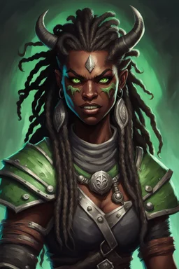 dungeons and dragons character portrait of a beast human female warrior with black skin, dreadlocks, thick eyebrows, big fangs and green eyes.