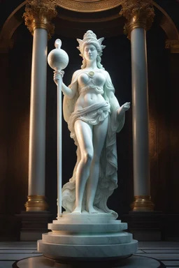 highly detailed marble and jade statue on a plint of the roman goddess of the sun. sun halo around head. face of a model. beautiful legs. beautiful feet. big bosom. full body shot, volumetric fog, Hyperrealism, breathtaking, ultra realistic, unreal engine, ultra detailed, cyber background, Hyperrealism, cinematic lighting, highly detailed, breathtaking, stunning temple environment