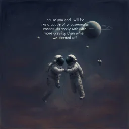 'Cause you and I will be like a couple of cosmonauts Except with way more gravity than when we started off" minimalisric surreal space composition Modifiers: oil on canvas surreal Mixed Media mysterious Impressionism heavy brushstrokes Jamie Heiden Gayane Khachaturian arbitrary colour alteration dmt puff mild exorcism Squeak Carnwath Bif Inc.™