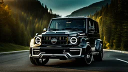 A (((G-Wagon mustang))) featuring a luxurious interior, advanced technologies, and a sleek body kit designed by MANSORY, front cinematic view on road in morning, ((((desktop wallpaper))))
