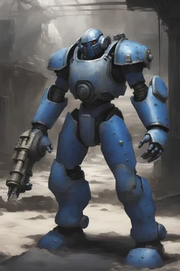 A picture of a bulky medium-sized power armour piloted by one person. It is coloured primarily in blue with white accents. It has giant arms and even bigger forearms and a single-eye head fused in the cockpit. It has many rivets. one of his fists is a hydraulic fist