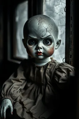 ooking at the camera a high realistic porcelain doll, old, dirty with old dress, sitting on shelf, in background blur cracked window. The figure has cracked face and head, and piercing big black eyes. High contrast, cinematic, thriller, dark, atmospheric. Surreal style , perfect composition, sharp focus, intricate details, crepy stunning