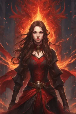 A confident looking young woman with pale skin and long brown hair in a fantasy setting with intricate details. She is wearing black and red, has red eyes, an air of malevolent power surrounds her. She is a fire mage. Anime style. High definition, Greg Rutkowski