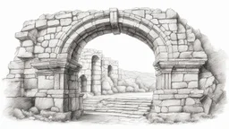 outline pencil sketch of an ruined ancient archway made of carved stone