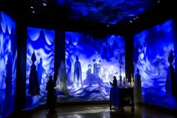A purple outer space with ghosts of illusion designed in Javanese shadow puppets painted by John Singer Sargent