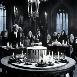 [high res photo by Ray Harryhausen] In the eerie stillness of the Addams Family mansion, a Spooky Birthday Party unfolds. The cake splits open with a sickening sound, revealing a nightmarish sight within. From the depths of the cake, Bo Derek emerges, her movements slow and deliberate, as if emerging from a sinister cocoon. Covered in cream and frosting, Bo Derek navigates her way out of the cake .Her yellow leotard, once a symbol of allure, is now a tattered and stained garment, accentuating th