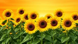 This is a digitally created artwork featuring a vibrant field of sunflowers. The image showcases a cluster of 10 sunflowers in full bloom, each with a large, circular, dark brown center and bright yellow petals radiating outward. The sunflowers are tall, with sturdy, green stems and broad, green leaves at their base. The background consists of a gradient sky transitioning from a deep orange near the horizon to a lighter, more golden hue towards the top, suggesting either a sunrise or sunset. The