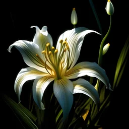 close up of breathtaking gorgeous glowing bioluminescent white ghost lily flower, at night, golden magic, wonderful, intricate, extremely detailed, beautiful