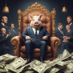 rich pig in suit on a throne making stacks of money by making a deal with a buisnessman. background of musicians. baksinski style