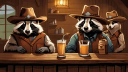 Anthropomorphic American badger wearing a cowboy hat and having a drink at the saloon with his other anthropomorphic animal buddies. Illustration.