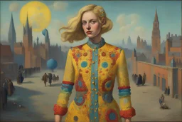 Beautiful blonde brown woman with freckles, wearing a colorful, vibrant, detailed embroidered dress, medium-full shot, in London gilet jaune scene, Smokey fluo, by Max ernst