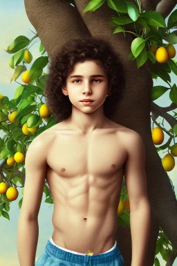 beautiful 12 year old arabic boy with long, curly hair and light blue eyes, not muscular, smiling, shirtless, in front of a distant mango tree