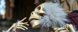 close up on fluffy laughing skeleton in a heretic place shaking