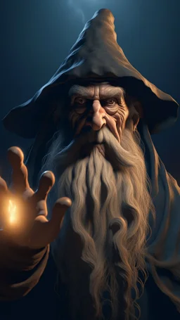 Crafting a terrifying 8K depiction of an evil old wizard with big nose rising hand up ,His presence exudes an unsettling aura of malevolence, instilling fear in all who behold him.