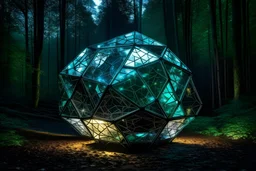 A giant dodecahedron made of glass emitting lights in the middle of a forest