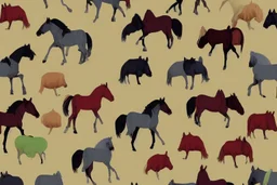 illustration horses of different colors in a field from afar