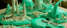 A mint colored city made out of musical instruments designed in Ica stones painted by John Singer Sargent