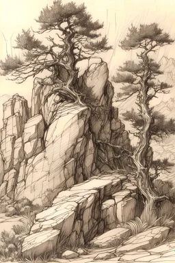 drawing by brown-red Conte, use a little of the style of the Art of Moebius, use the style of Piet Mondrian to draw branches and trees, cliffs, rocks, stones, deep valleys, hills and mountains, highly detailed, textures in the same style, avoiding symmetric composition, art, pine tree