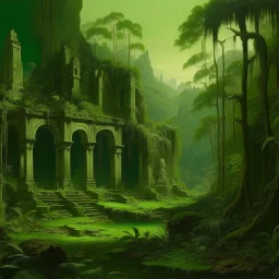 Dark green ruins in a jungle painted by Francis Danby