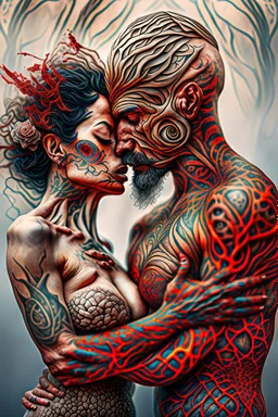 Multiple entanglements between a twisted thin piece of cloth as part of many twisted and spiraling branches disappearing into the distant mist, epic photo, 2 beautiful lovers are embracing, stunning tattoos that intwine with eachothers tattoos,sharp on highly detailed skin with wrinkles and high contrast, photorealistic, explosion of extacy,4K, 3D, realism, hyperrealism, detail, good lighting, detailed texture, modern photography style, 3D, 4D, 4K