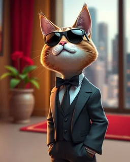 Medium shot 3D illustration of a hitman cat wearing a suit and sunglasses. He is standing in a room with a red carpet and a flower pot. The background is blurred and contains a cityscape. Ultra quality