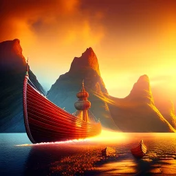 Nærøyfjorden Verdsarvpark, autumn, autumn sand storm, viking ship, in the style of pixar