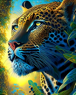 Leopardo en la Selva árboles detallados elegante obra de arte colores contrastantes pintura al óleo detallada hiperdetallada impactante intrincada sombra 3D arte gráfica iluminación cinematografica 8k 3D cielo soleado nubes coherente