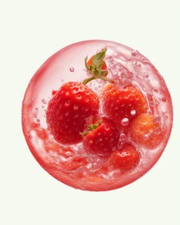 strawberry, orange, apple in water drops, transparent background