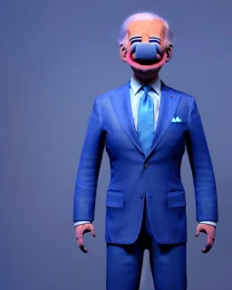 Waist up Portrait, joe Biden as muppet doll, Blue suit retro style, photo studio, city background, unreal engine 5, concept art, art station, god lights, ray tracing, RTX, lumen lighting, ultra detail, volumetric lighting, 3d.