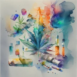 Generate a watercolour artwork where different drugs weed, tobacco, cocain, pill and other drugs are placed asymetricaly making a compositions