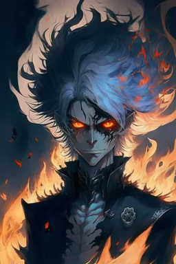 Anime with wight hair and black clothes and power fire and eyes of sharengan