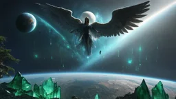 matrix universe, space, planets, god creation, angels from other dimensions with beautiful wings, trees on the planet, behind green crystals of light, few tiberium monolith deposits on the planet near tree,