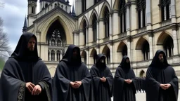 hooded monks in black robes in front of cathedral