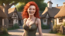 A photorealistic image of a red-haired, slender fantasy woman, winking and smiling, standing in a village common, surrounded by many thatched cottages and shops, under a large tree, early in the morning.