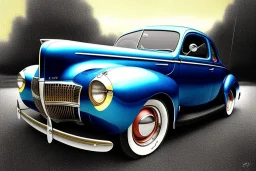 a true-to-life 1940 ford coupe, two-tone paintwork, classic hotrod wheels, pen and color marker, centered, intricate, extreme detailed, photorealism, center view, stylized random background, pivot on ford, painting by cheryl kelley