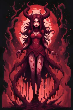 Demon girl wizard in front, fullbody, behind blood guts rising from the ground, darkred tones,cosmic horror, nightmare, galaxy, 8bits, pixel art,