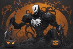 venom machine with pumpkin head in nier automata artstyle, halloween them, close picture, fantasy world, intricate details, highly detailed, high details, detailed portrait, masterpiece,ultra detailed, ultra quality