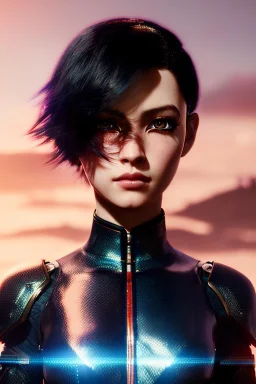 Cyborg anime warrior, black hair, blue eyes, waist up portrait, 8k resolution, intricate details, ornate details, soft lighting, vibrant colors, retroanime, masterpiece, intricate eyeliner, dark eyeshadow, eyes, intricate tattoos, futuristic cityscape background