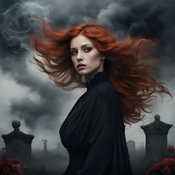full body in close up girl with ginger hair and flower on her forehead, palle skin, cemetery in the style of eerie dreamscapes, flowing fabrics, romantic windblowing, swirling hair, Windy, swirling dark style Dark, misty, fantasy Dark, dark scene, eerie, macabre, black smoke, ultraclear image"