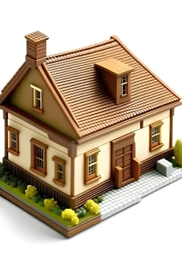 casa con techo tipo cabaña, con apariencia urbana , techo color cafe, un solo piso de altura, estilo realista