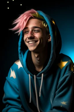 An androgynous young man with tousled pink hair and golden eyes floating among the stars wearing a light blue hoodie and black board shorts. He is smiling softly and holding a star in one hand.