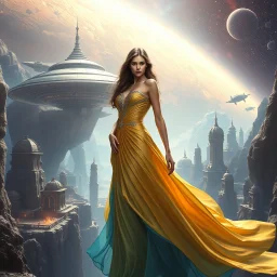 A breathtaking cosmic fantasy scene featuring a stunningly realistic beautiful woman with a perfect face and sculpted figure standing gracefully at the center of a floating CIFI town with Space craft landed over it. Surrounding her are CIFI buildings in deep space. She wears an elegant flowing gown in vibrant gold and blue hues that billow around her perfect form.